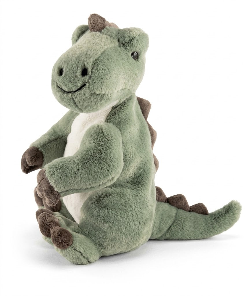 Körnerkissen Dinosaurier aus grünem Plüsch, sitzendes Modell mit Schwanz und Pfoten