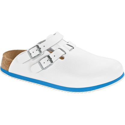 Birkenstock Kay SL Clog in Weiß mit zwei Riemen und Schnallen, blau gerandete Sohle