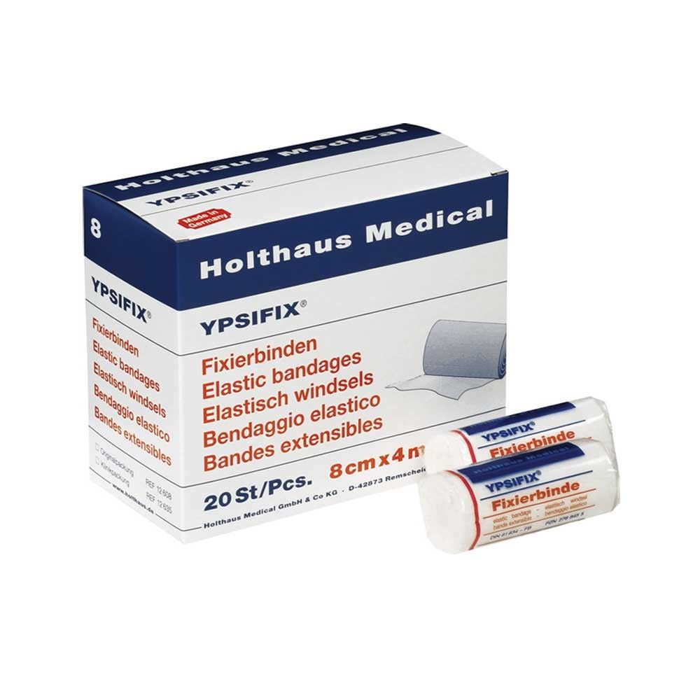 YPSIFIX® Fixierbinde-Set: Karton und gerollte Binde; weiß, blau-rote Aufdrucke