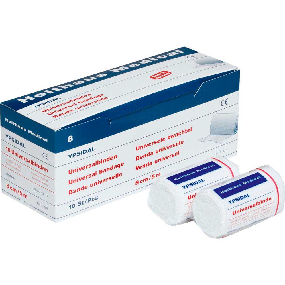 Holthaus Medical YPSIDAL Universalbinde in Verpackung, weiße Bindenrollen neben Schachtel