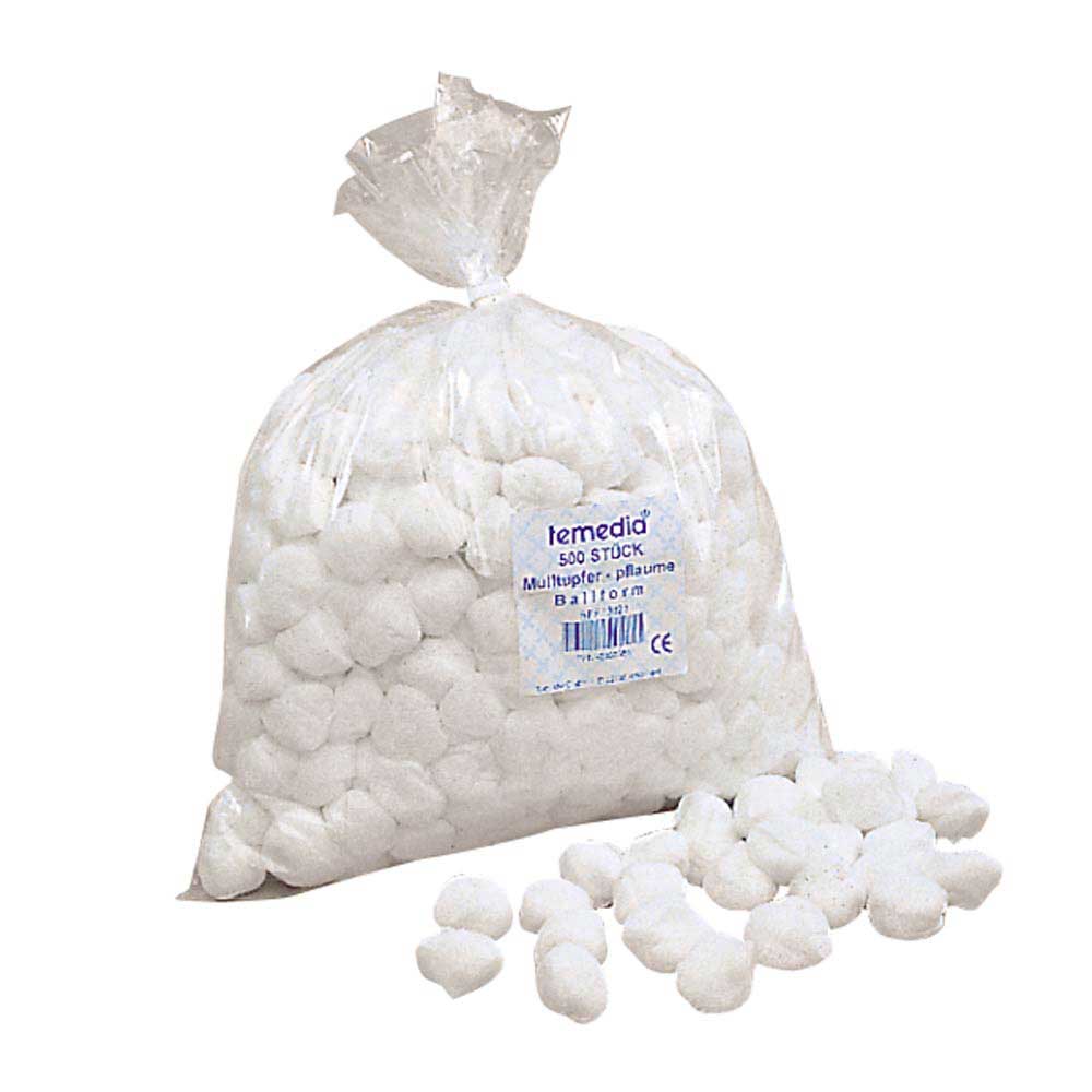 Unsterile Schlinggazetupfer (Hutform), weiß, einzelne Tupfer neben Beutel