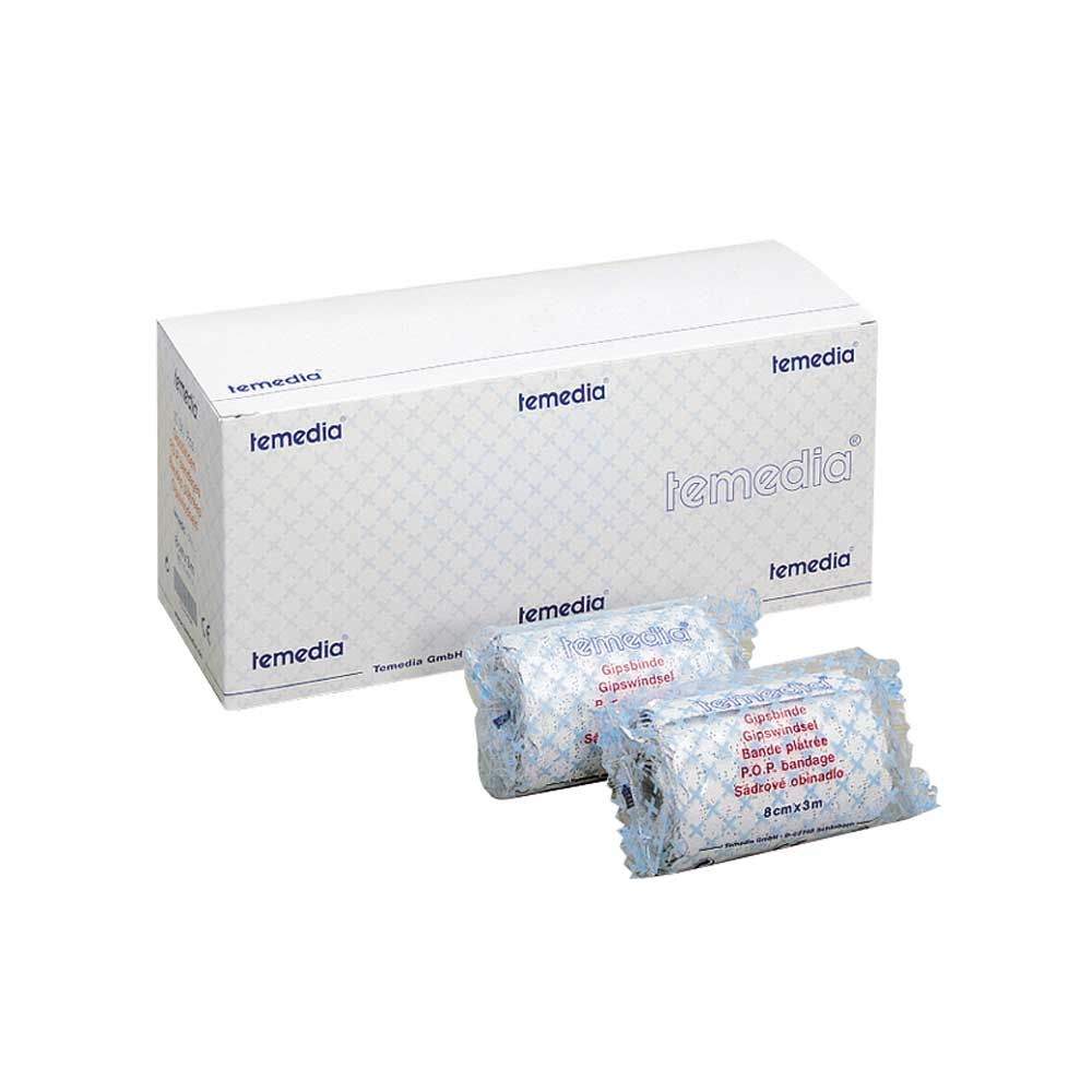 Temedia-SPEZIAL Gipsbinde, Packung mit blauen Gipsbinden-Rollen
