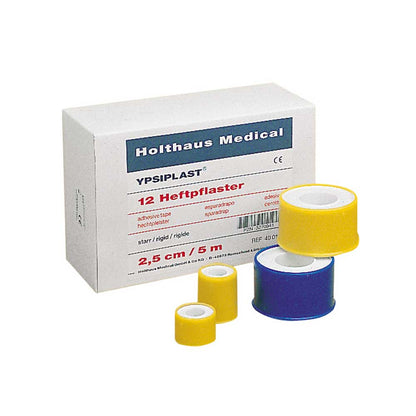 Heftpflaster YPSIPLAST® im Karton, gelbe Klebebandrolle und blaue Rolle