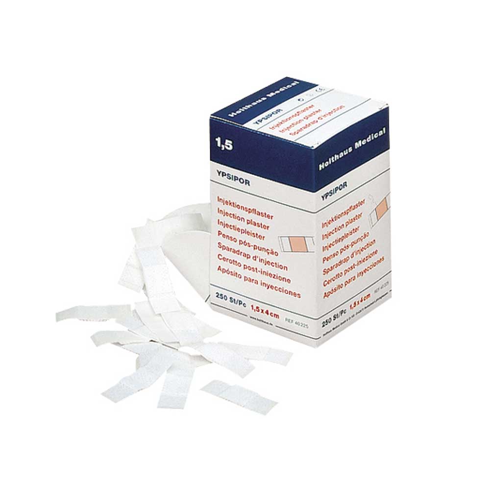 Holthaus Medical YPSIPOR Injektionspflaster: Packung und mehrere weiße Pflasterstücke