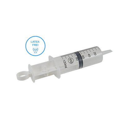 Sterile Wund-/Blasenspritze, schräger Ansatz, Skala bis 120 ml, Latexfrei-Kennzeichnung