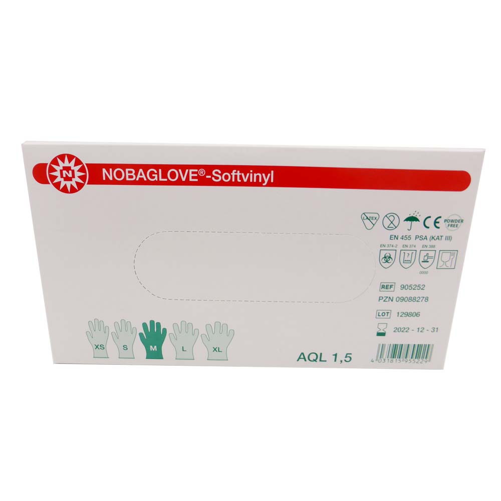 Einmal-Handschuhbox NOBAGLOVE®-Softvinyl mit Größen XS–XL, AQL 1,5 und CE-Kennzeichnung.