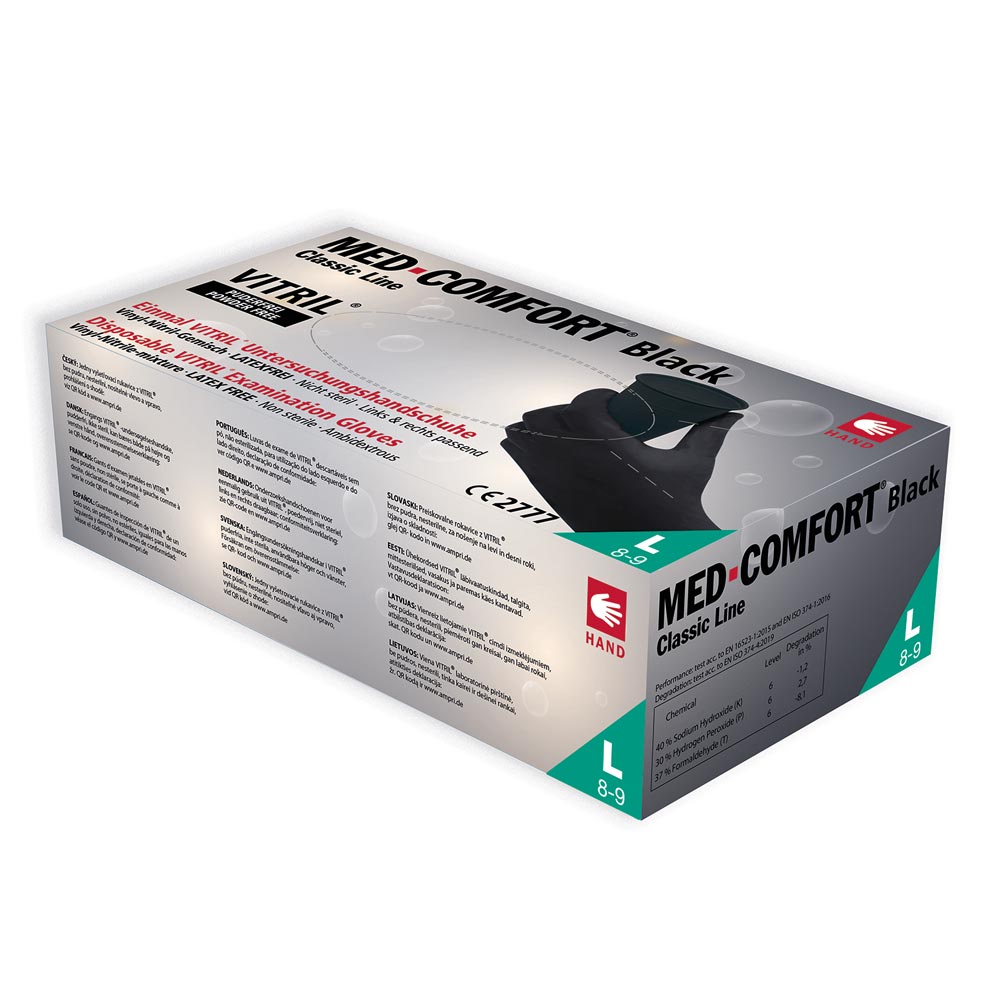 Med-Comfort Vitrilhandschuhe Black im Karton, puderfrei, Classic Line, Einmalhandschuhe