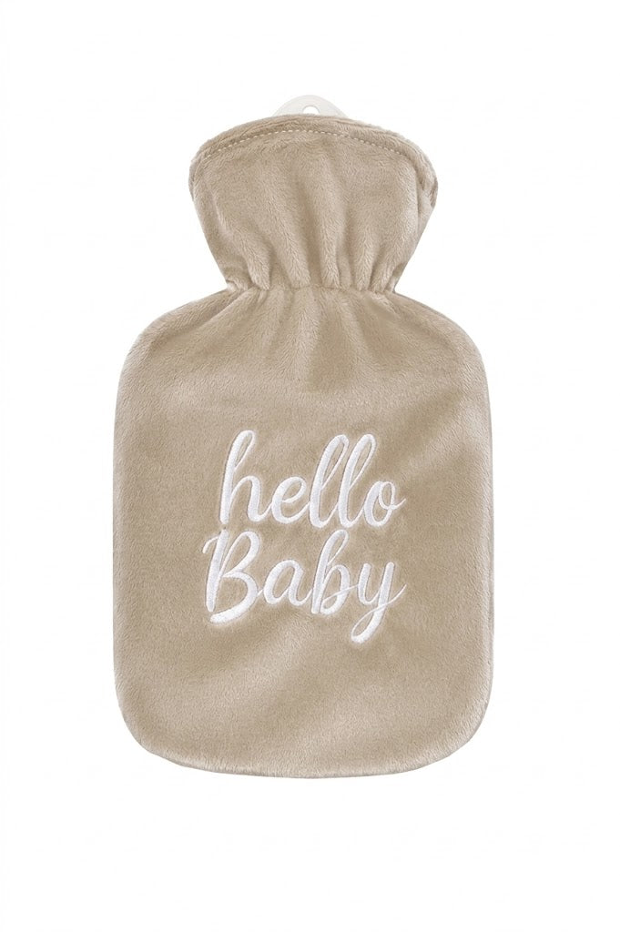 Wärmflasche mit Velourbezug, hellbeige, Aufdruck „Hello Baby“