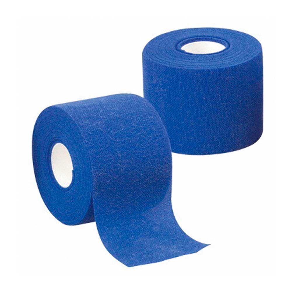 Kohäsive Fixierbinde aus Vlies, blaue Rollenpaar mit abgerollter Bahn