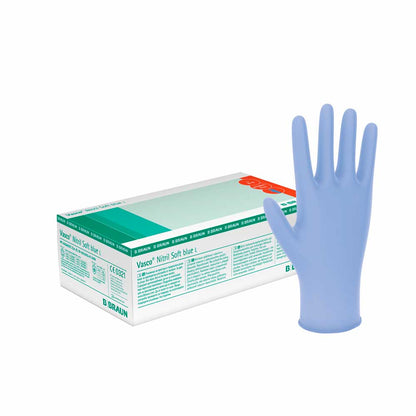Nitrilhandschuhe Vasco® Nitril in hellblau, Handmodell mit Blick auf Packung