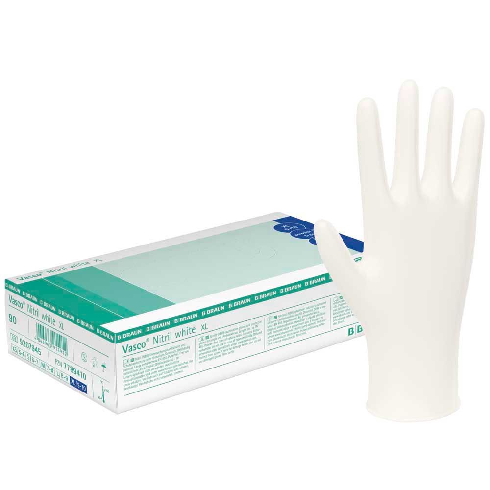 Nitrilhandschuhe Vasco® aus weißem Nitril, Handschuhhand neben Kartonverpackung