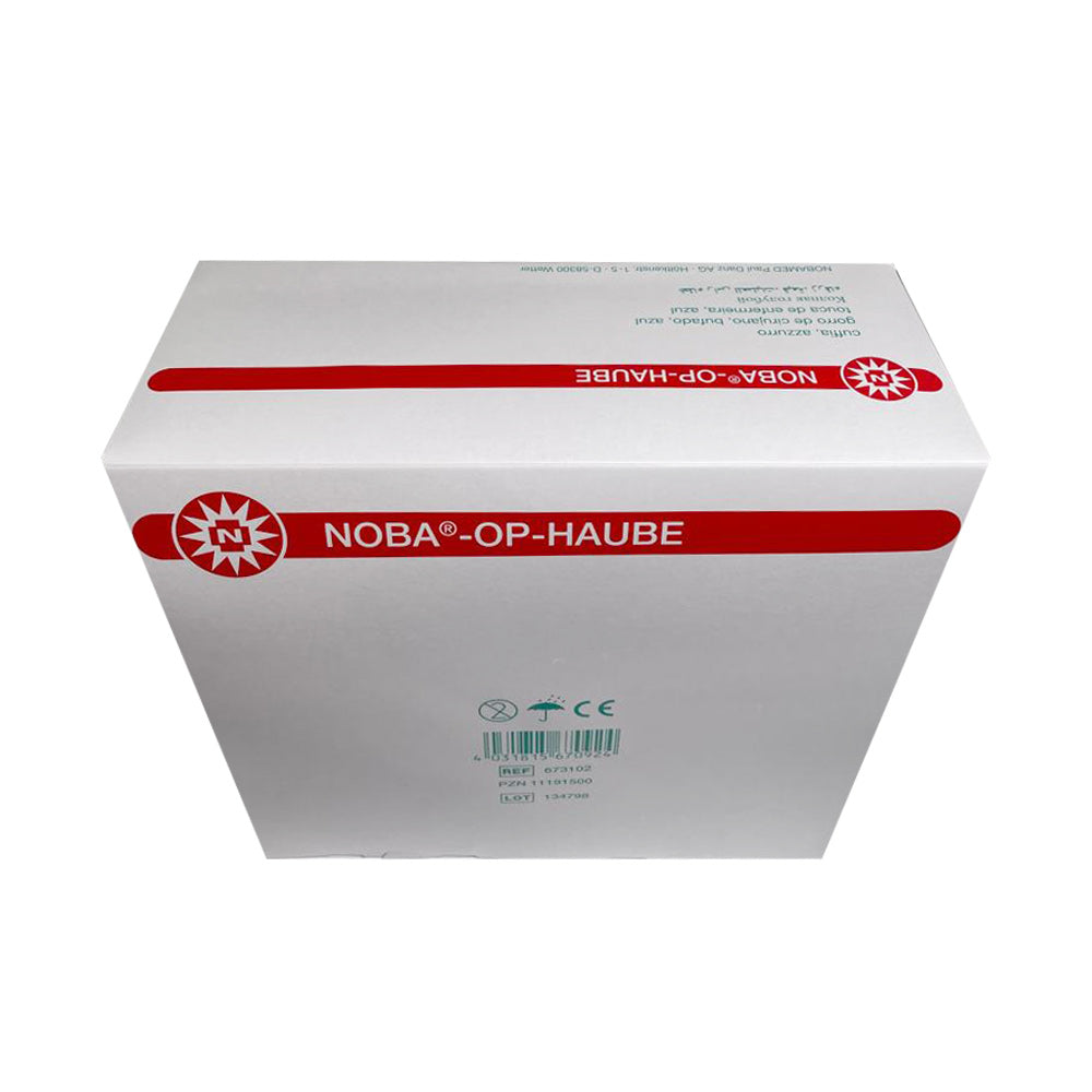 OP-Haube Noba® Kartonrückseite mit Aufklebern und Kennzeichnungen