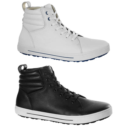 Weißer Hochschaftschuh aus Naturleder, Schnürung mit blauen Ösen und gepolsterter Zunge