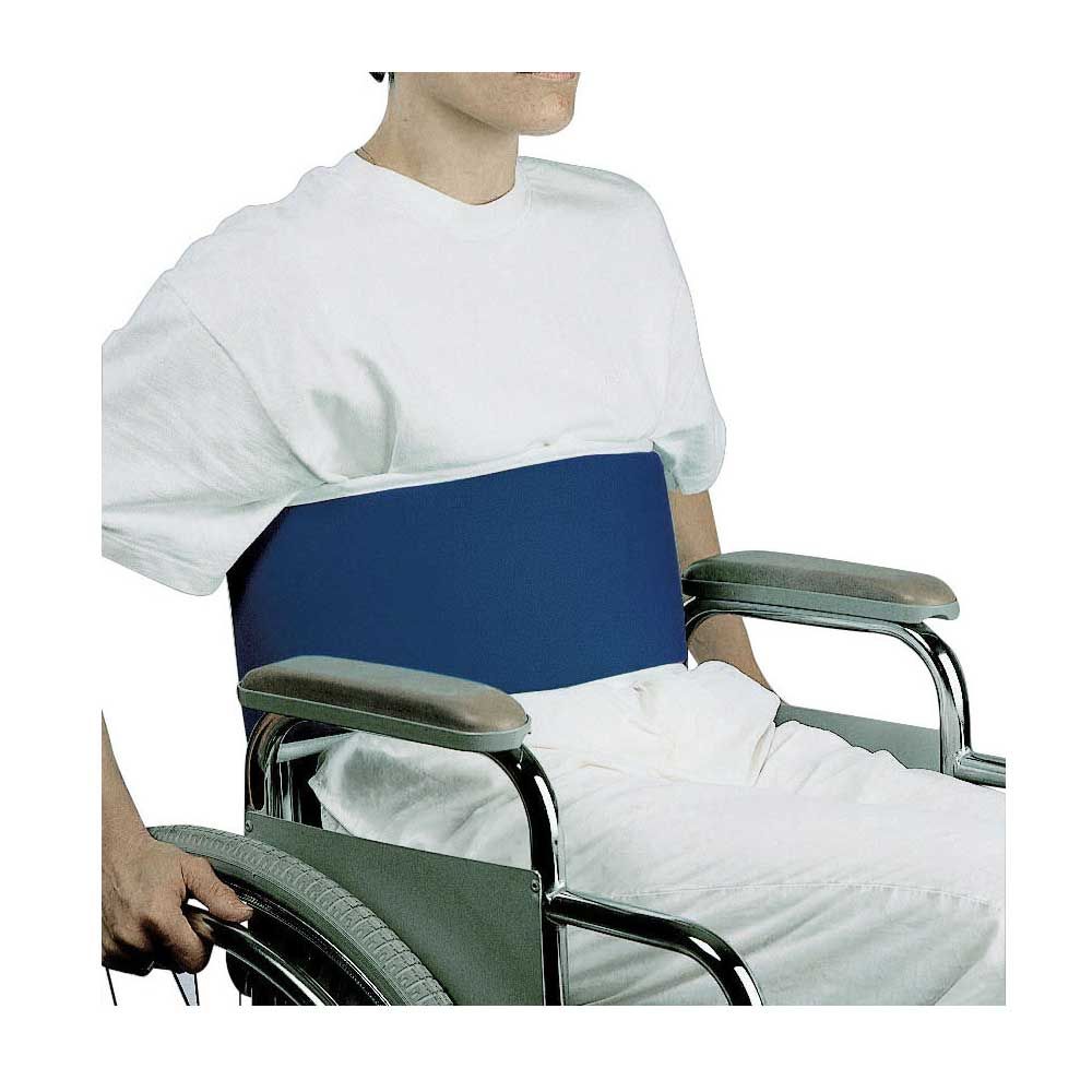 Bauchgurt für Rollstühle, blau vorn am Bauch befestigt, Klettverschluss, S–L