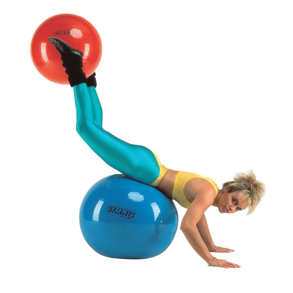 Gymnastikball-Set mit blauem Ballkörper, türkisfarbenem Rohr und orangefarbener Griffkugel