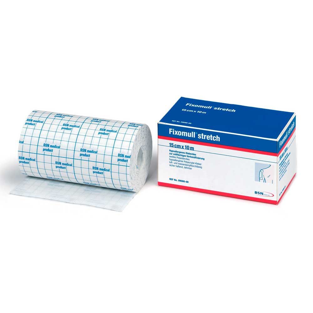 BSN Fixomull® Stretch Klebevlies-Rolle und Karton, blau mit rotem Streifen