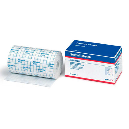BSN Fixomull® Stretch Klebevlies-Rolle und Karton, blau mit rotem Streifen