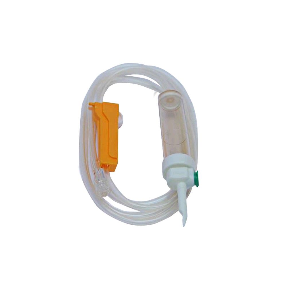 Infusionsset mit transparentem Schlauch, orange Klemme sowie weißem Anschlussstück