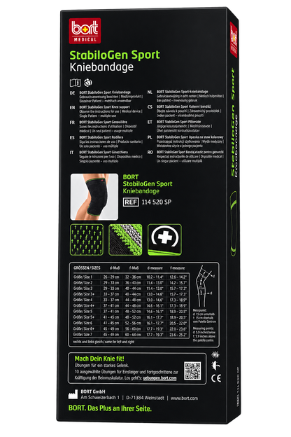 BORT StabiloGen Sport Kniebandage: Rückseite mit Größen- und Bandage-Grafik auf Packung