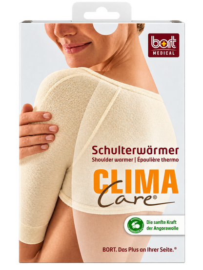 Schulterwärmer ClimaCare® von Bort, cremefarbener Stoffwärmer mit Logo auf der Packung